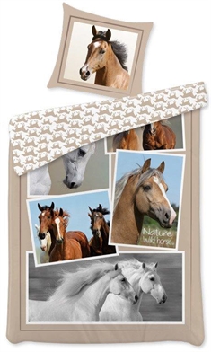 Sengetøj 140x200 cm - Heste sengetøj med små billeder - 2 i 1 design - Dynebetræk i 100% bomuld